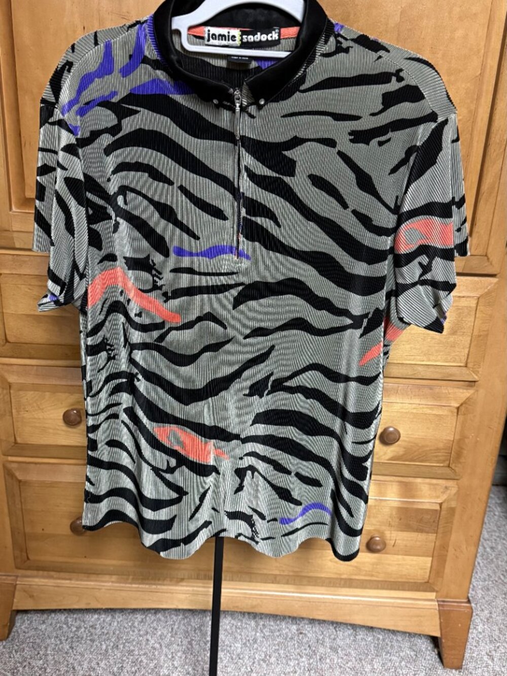Jamie Sadock Shirt Womens XL Zebra Print Zip Collar Short Sleeve Golf Top